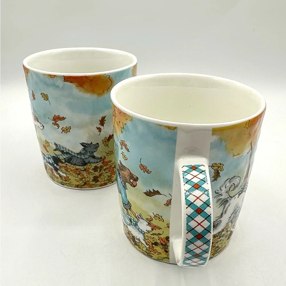 2 Pier 1 Imports Park Ave Lazy Sunday Autumn Dogs, 20 oz Mugs